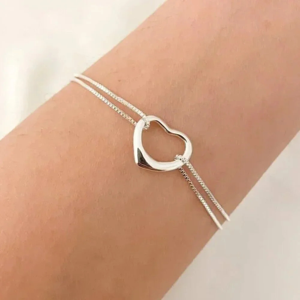 925 Sterling Silver Layer Heart Bracelet Dainty Minimalist Heart Bracelet